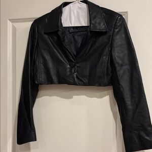 Sleek Black Leather Cropped Jacket - S